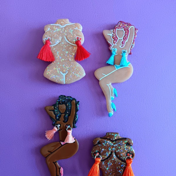 Burlesque bust and pinups with tassels - Magnets - Polymer clay refrigerator magnets with glitter details
