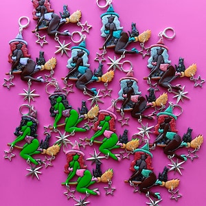 Witch pinups - Halloween polymer clay earrings - Hand painted with glitter details - Star charm dangles with cat companion
