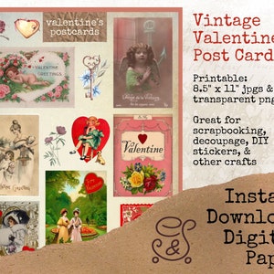 Vintage Valentine&#39;s Greetings, Nostalgic Post Cards, Printable Valentine&#39;s Stickers, Victorian Scrapbook Collage, Vintage Digital Paper