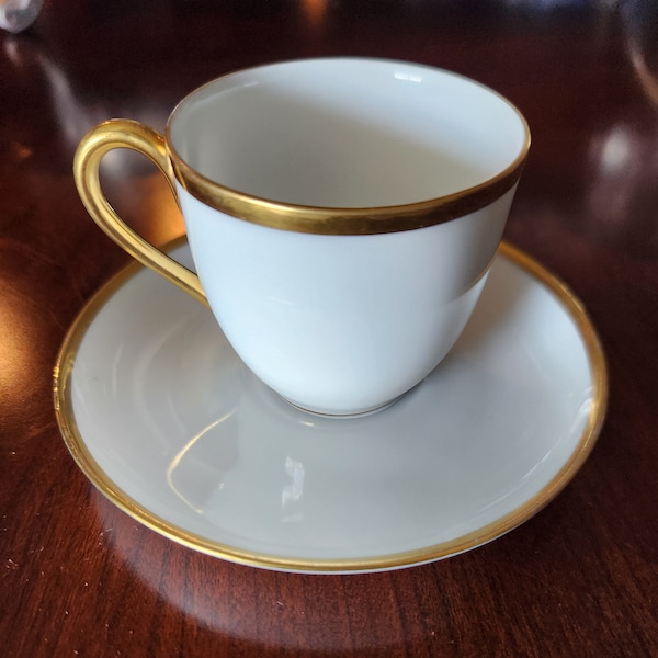 White & Gold Colored Demitasse Cup and Saucer by HUTSCHENREUTHER Selb Bavaria, espresso cup, dining, drinkware, collectible china, home gift