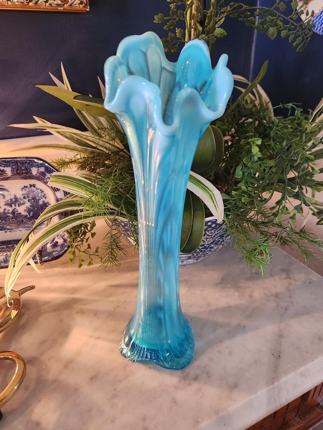 Boggy Bayou Blue Opalescent Swung Vase by Fenton Glass Company 12.5