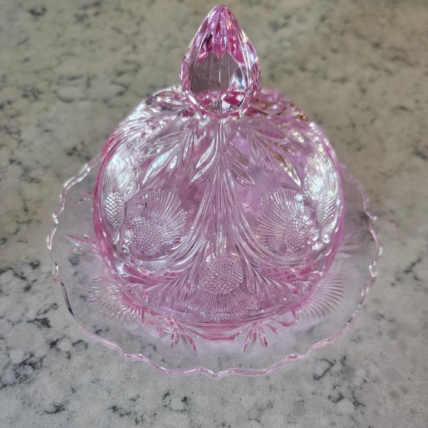 Pink Inverted Thistle butter Dish by Mosser Glass, serving piece, collectible glass, gift for home, gift for her, covered dish