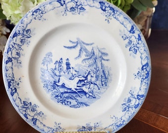 Lovely Blue and White Bowl with hunting scene, unmarked, 8.5", some flaws see pictures, home accents, kitchen decor