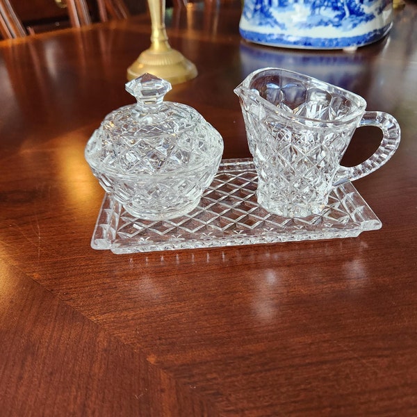 Lovely Crystal Sugar Lidded Bowl, Creamer, and Underplate, sugar creamer set, serving odd and ends