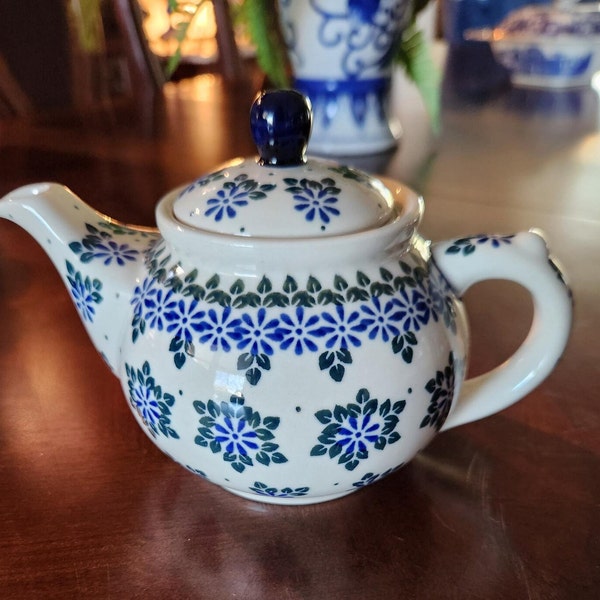 Mini 4" Teapot Polish Pottery by Ceramika Artystyczna made in Poland blue and green, gift for home, tea lover gift, gift for mom