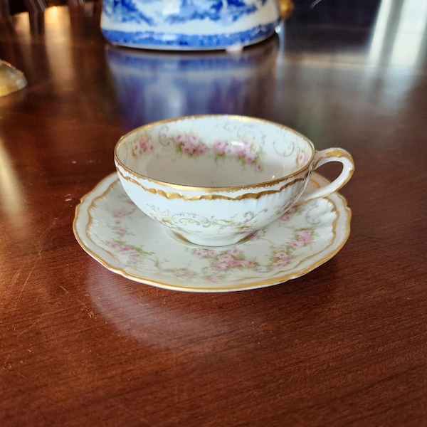 White with Pink Flowers and Gold Colored Trim Teacup and Saucer by T & H Theodore Haviland Limoges France, gift for her, home accent