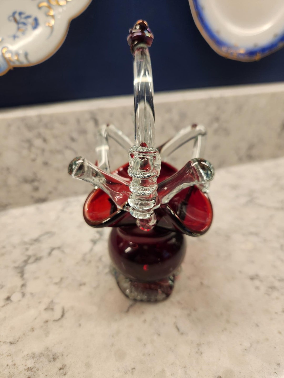 Vintage Hand Blown Romanian Dark Red Glass Basket, Collectible Glass