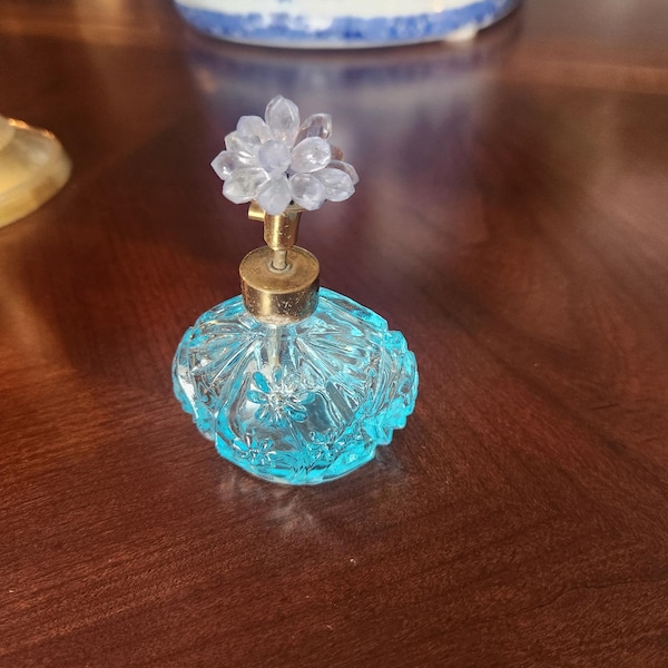 Vintage Aqua Glass Perfume Bottle with bead top, vanity decor, dresser decor, collectible bottle, perfume bottle