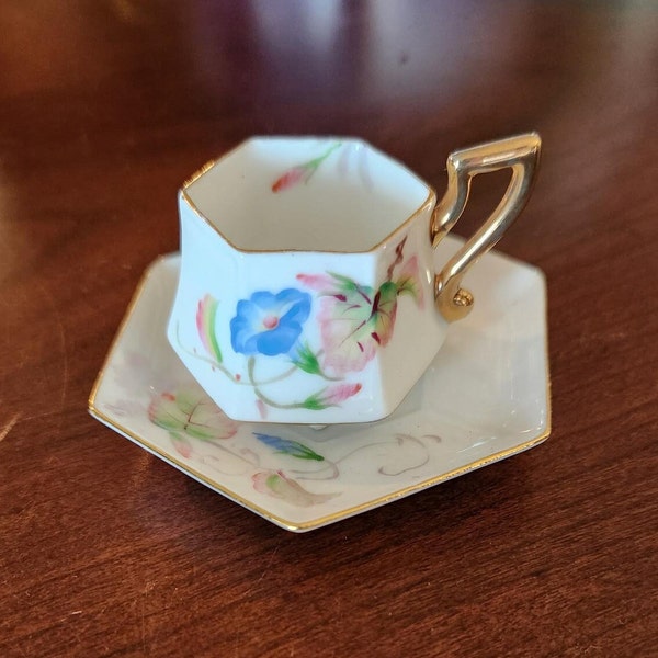 Mini Floral Hexagon Shaped Cup and Saucer, Occupied Japan, collectible cup, home accent, kitchen and dining, spring accent decor