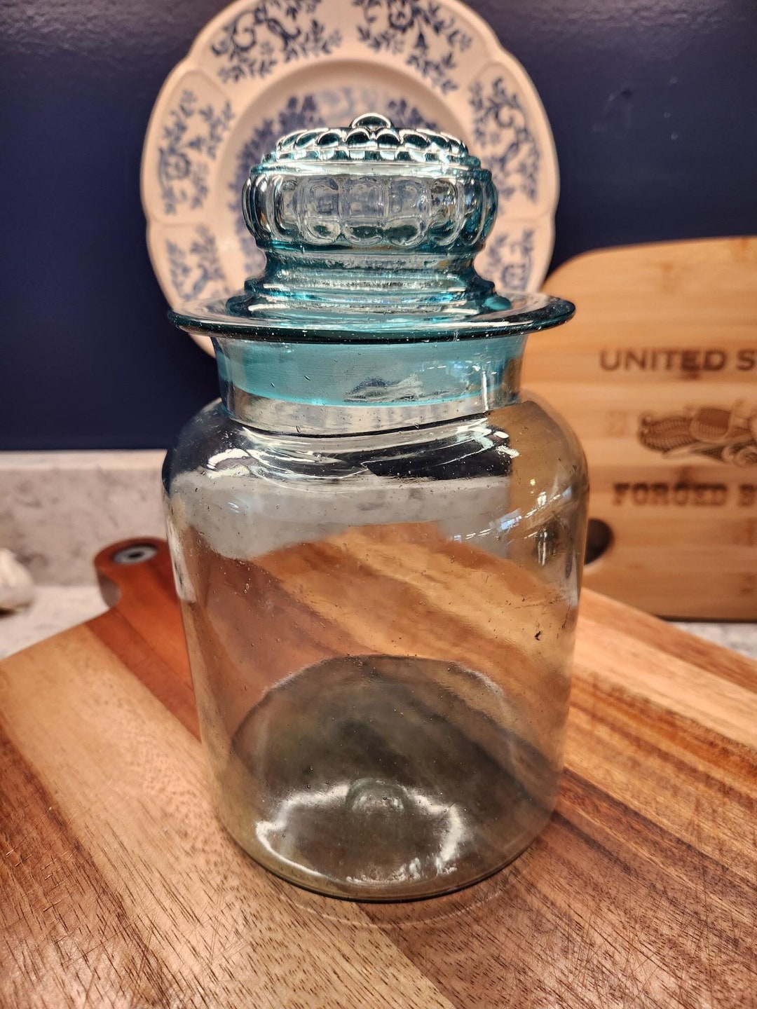 Vintage Blue Glass Jar With Glass Lid 8.75 Tall With Lid and 5.25 Wide