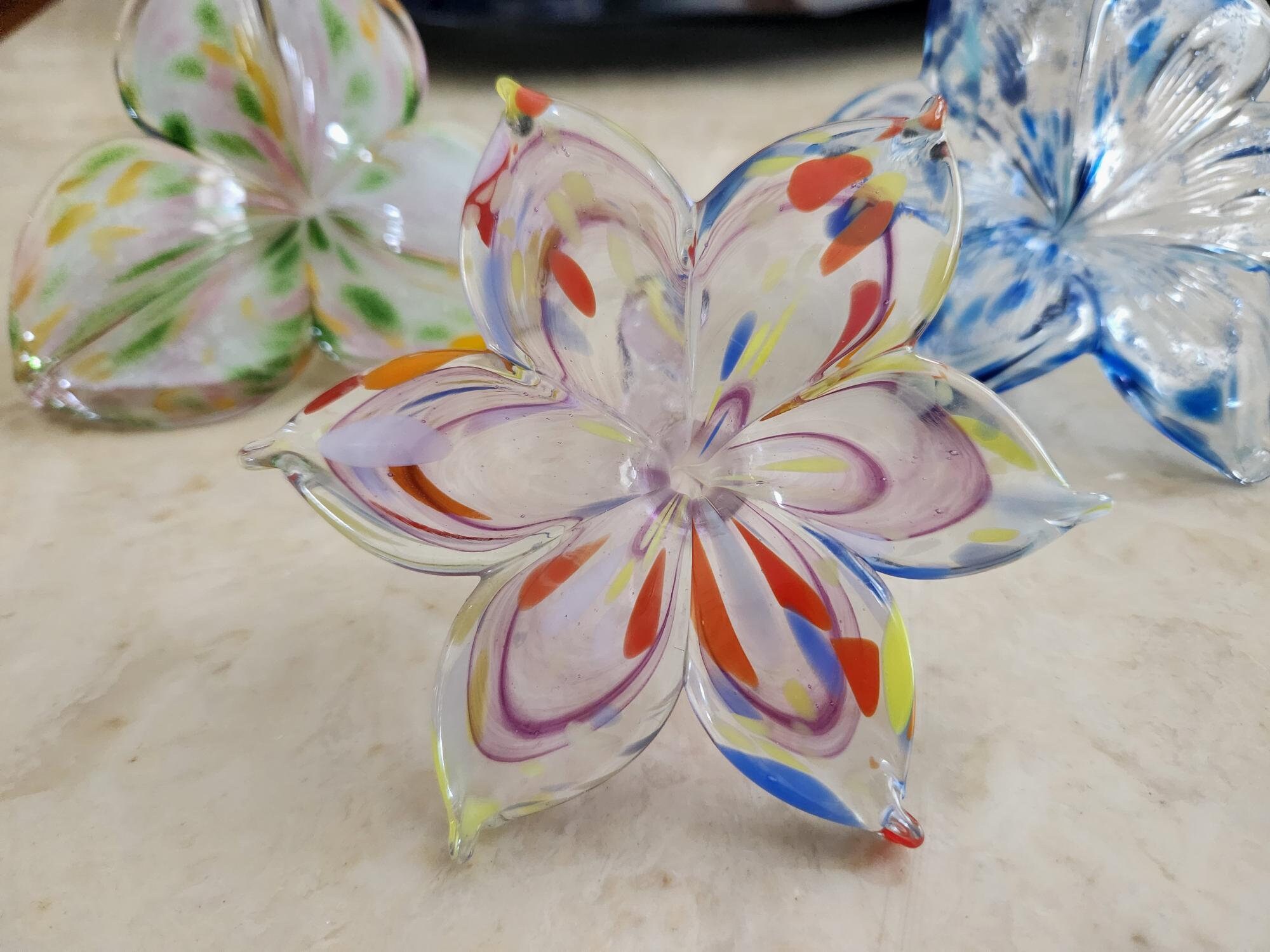 Set of 3 Murano Style Hand Blown Glass Flowers 3 Tall Etsy