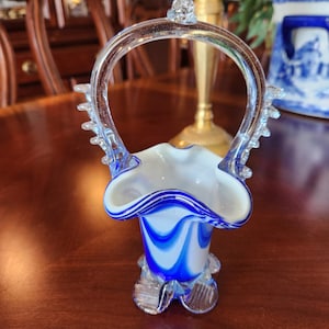 White and Blue Rigaree Handled Blow Art Glass Basket, Murano Style Basket, Glass Basket, Home Decor, Collectible Glass 7.5&quot; tall