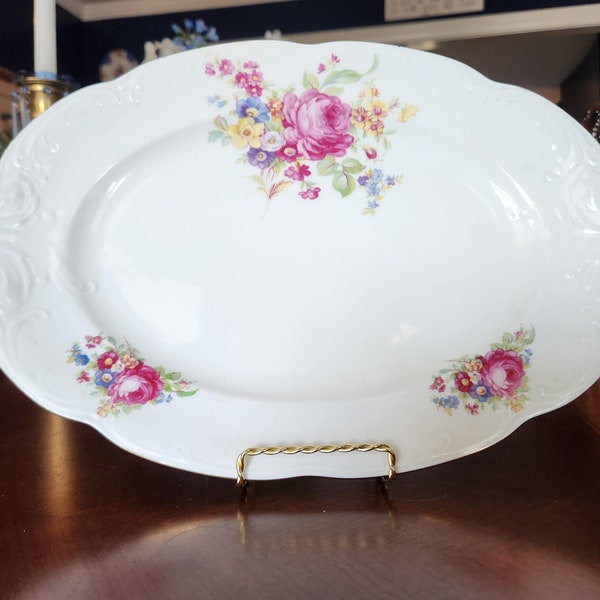 Walbrzych Platter made in Poland, 13", serving platter, serving dish, white with multi color flowers, serving plate, dinnerware