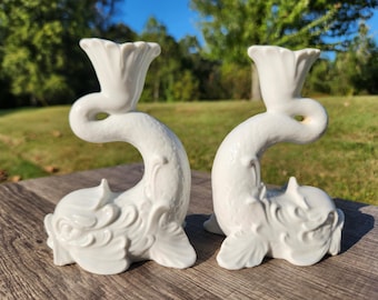 2 Dolphin Candlesticks White 5.5" Unmarked, home decor, home accent, grand millennial style