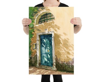 The green door - Digital Print Mediterranean Village Rustic scene, Watercolor, Corfu, Greece