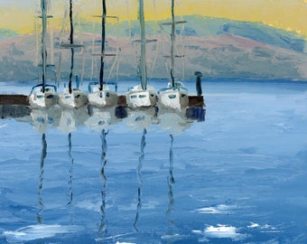 Kassiopi harbor - digital download, high resolution scan, printable, oil painting, Corfu, Greece