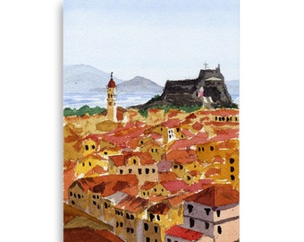 Corfu Old Town - Digital Print Mediterranean Town Cityscape, Watercolor, Corfu, Greece