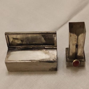 Antique LipStick Case with Mirror RARE 800 Silver Red Stone