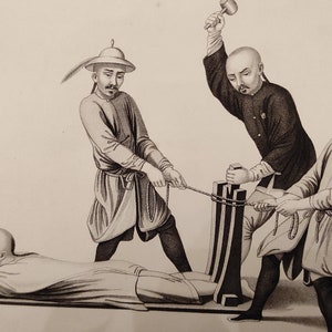 Punition du racket, Chine, 1859 Gravure ancienne originale, Chine