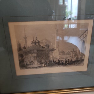 Antique Original old gravure fountain and square of st sophia gravure