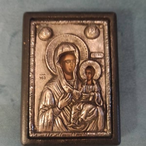 Vtg Byzantine Art Greek Orthodox 950 Silver Icon wall plaque Virgin mary & child small