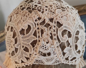 1800s Victorian Antique lace hat copaneli, handmade lace, for child Very Rare!