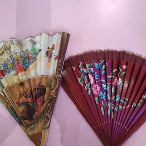 Fan, Vintage Hand Painted, Wooden Hand Fan 2 pcs