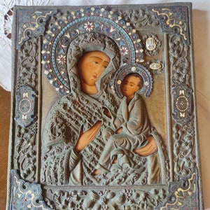 Icon Antique icon ornate enamel Cloisonne handmade with painted Christian icon virgin hugs jesus