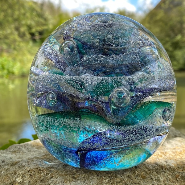 Remembrance Glass Ocean Sphere with Encased Ashes - 8cm Diameter.