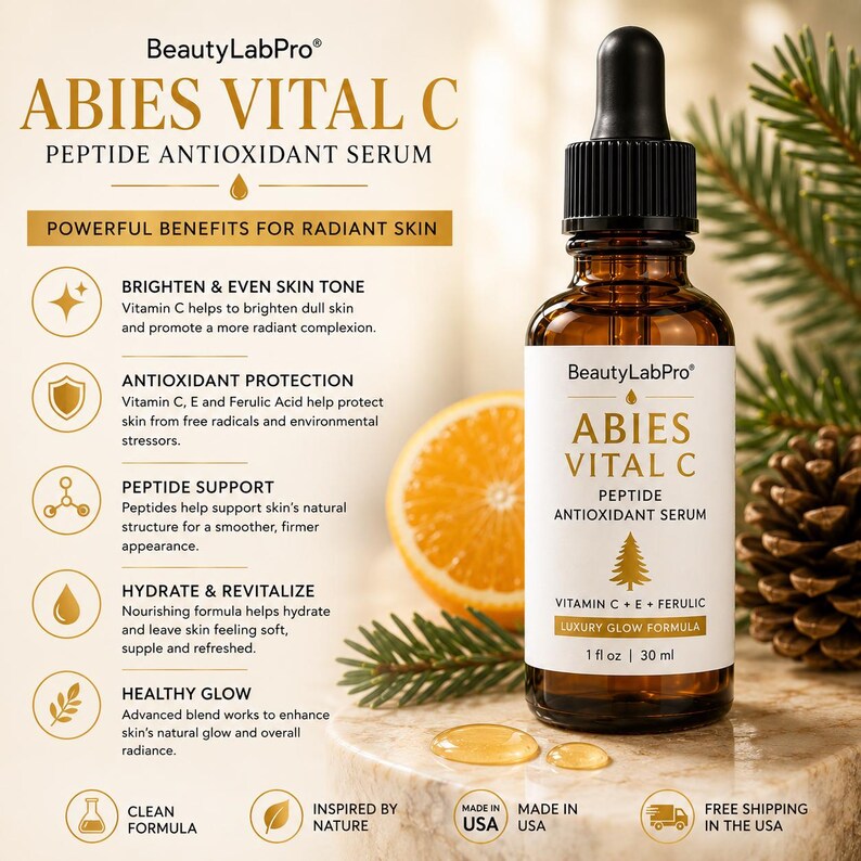 May include: An amber glass dropper bottle of BeautyLabPro Abies Vital C Peptide Antioxidant Serum with a white label. The label text reads Abies Vital C Peptide Antioxidant Serum, Vitamin C + E + Ferulic, Luxury Glow Formula, and 1 fl oz | 30 ml.