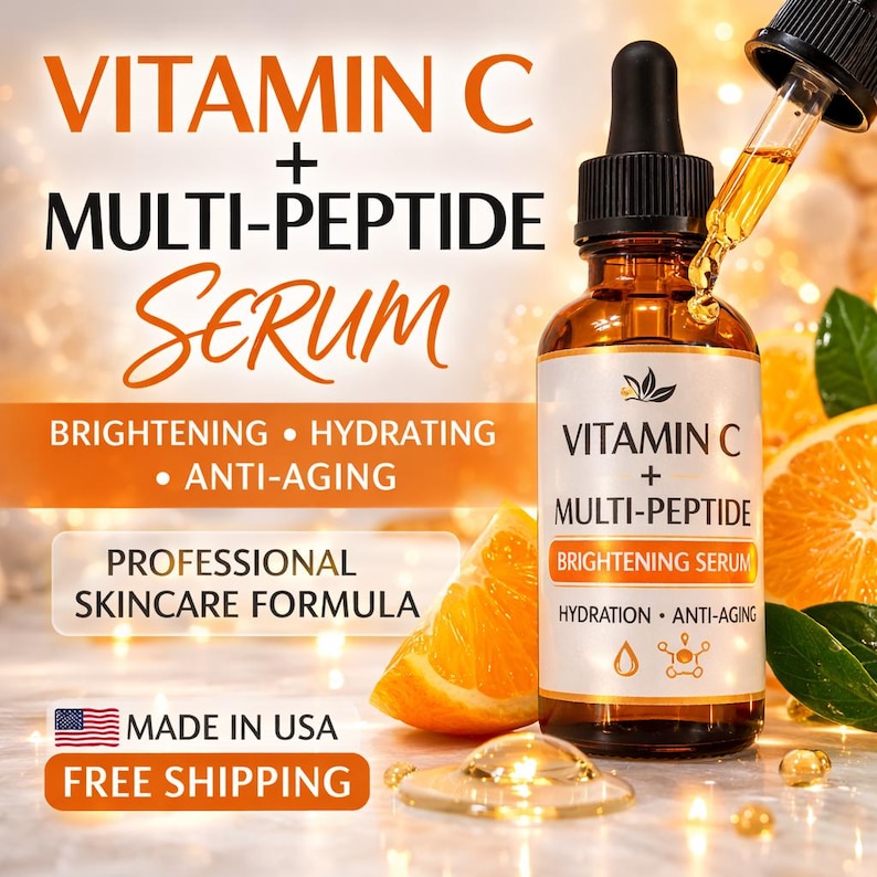 May include: A brown glass bottle of Vitamin C + Multi-Peptide serum with a dropper, orange slices, and text that reads "Brightening, Hydrating, Anti-Aging". The label says "Professional Skincare Formula".