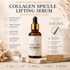 Op de afbeelding: Bruine glazen fles Collagen Spicule Lifting Serum met een pipet en gouden dop. Het etiket bevat informatie over micro-naaldtherapie, huidvernieuwing en ingrediënten. Het serum is ontworpen voor een stevigere, gladdere en gezonder uitziende huid.