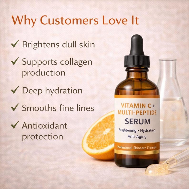 May include: A brown glass bottle of Vitamin C+ Multi-Peptide Serum with a dropper, next to a half orange. The label reads "Brightening, Hydrating, Anti-Aging". Text above lists benefits: brightens skin, supports collagen, deep hydration, smooths lines, and antioxidant protection.