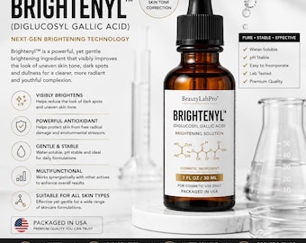Acide diglucosyl gallique Brightenyl 30 ml, ingrédient cosmétique éclaircissant pour la peau, additif pour sérum maison, sans parabènes, fabriqué aux États-Unis