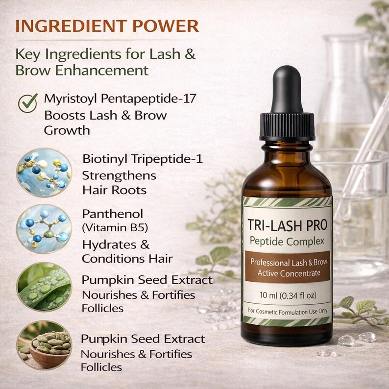 Complejo de péptidos Tri-Lash Pro 10 ml | Péptidos para el crecimiento de pestañas y cejas | Ingrediente para sérum casero | Mezcla de tripéptido de biotinoilo + miristoilo imagen 5