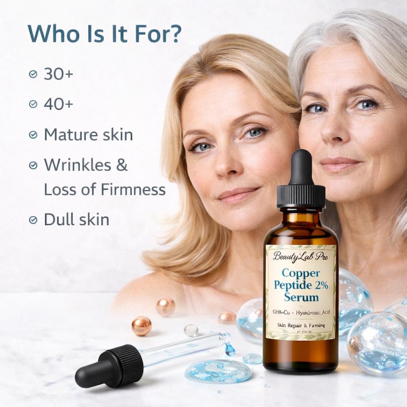 May include: A brown glass bottle of Beauty Lab Pro Copper Peptide 2% Serum with a dropper, in front of two women. The label reads "Skin Repair & Firming". Text above the bottle says "Who Is It For?" and lists: 30+, 40+, mature skin, wrinkles, and dull skin.