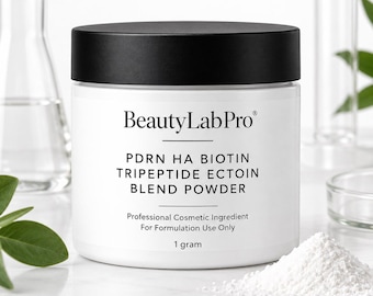 May include: A white cylindrical cosmetic jar with a black lid, labeled BeautyLabPro PDRN HA BIOTIN TRIPEPTIDE ECTOIN BLEND POWDER, Professional Cosmetic Ingredient For Formulation Use Only, 1 gram. A small pile of white powder sits beside the jar.