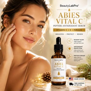 May include: A brown glass dropper bottle of BeautyLabPro Abies Vital C peptide antioxidant serum with a white label featuring a pine tree icon, text detailing Vitamin C, E, and Ferulic ingredients, and a volume of 30 ml or 1 fl oz.
