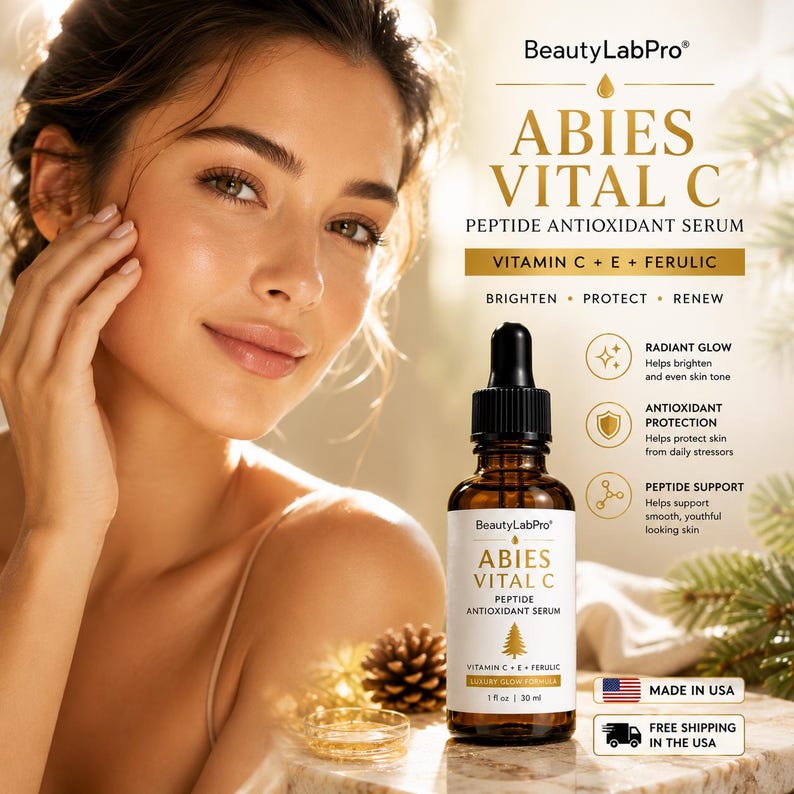 May include: A brown glass dropper bottle of BeautyLabPro Abies Vital C peptide antioxidant serum with a white label featuring a pine tree icon, text detailing Vitamin C, E, and Ferulic ingredients, and a volume of 30 ml or 1 fl oz.