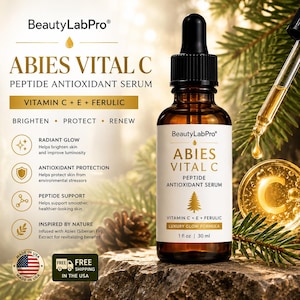 May include: An amber glass dropper bottle of BeautyLabPro Abies Vital C Peptide Antioxidant Serum. The label features the product name, Vitamin C + E + Ferulic, and 1 fl oz | 30 ml volume. A glass pipette dispenses serum near a pine branch.
