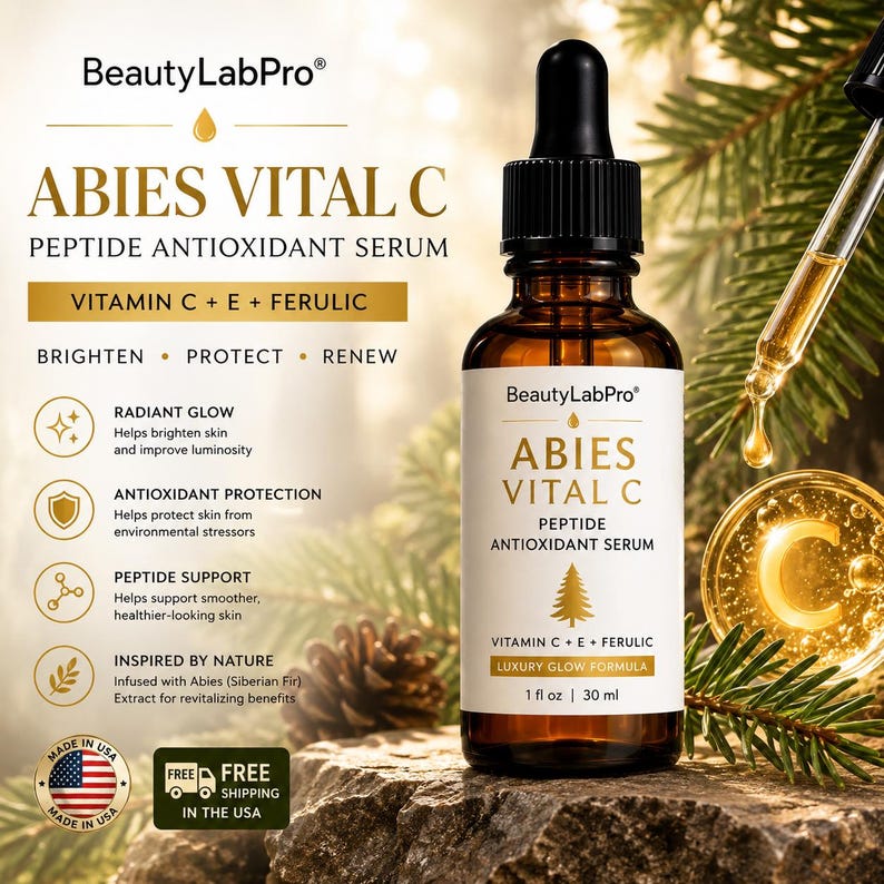 May include: An amber glass dropper bottle of BeautyLabPro Abies Vital C Peptide Antioxidant Serum. The label features the product name, Vitamin C + E + Ferulic, and 1 fl oz | 30 ml volume. A glass pipette dispenses serum near a pine branch.