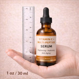 May include: A brown glass serum bottle with a black dropper, labeled "Vitamin C + Multi-Peptide Serum." The label also states "Brightening, Hydrating, Anti-Aging." The bottle is held next to a ruler, and the text "1 oz / 30 ml" is visible.