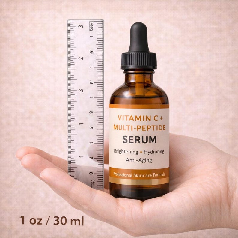 May include: A brown glass serum bottle with a black dropper, labeled "Vitamin C + Multi-Peptide Serum." The label also states "Brightening, Hydrating, Anti-Aging." The bottle is held next to a ruler, and the text "1 oz / 30 ml" is visible.