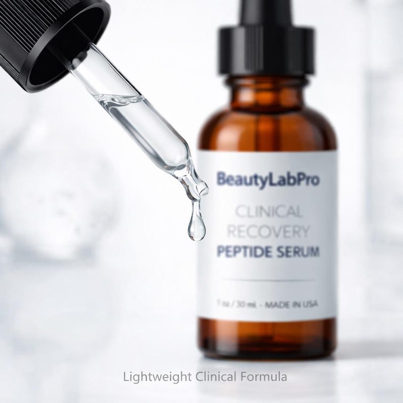 May include: A brown glass bottle of BeautyLabPro Clinical Recovery Peptide Serum with a dropper dispensing a clear liquid. The bottle has a white label with the product name and the text "Lightweight Clinical Formula". The bottle contains 1 fl oz / 30 ml and is made in the USA.