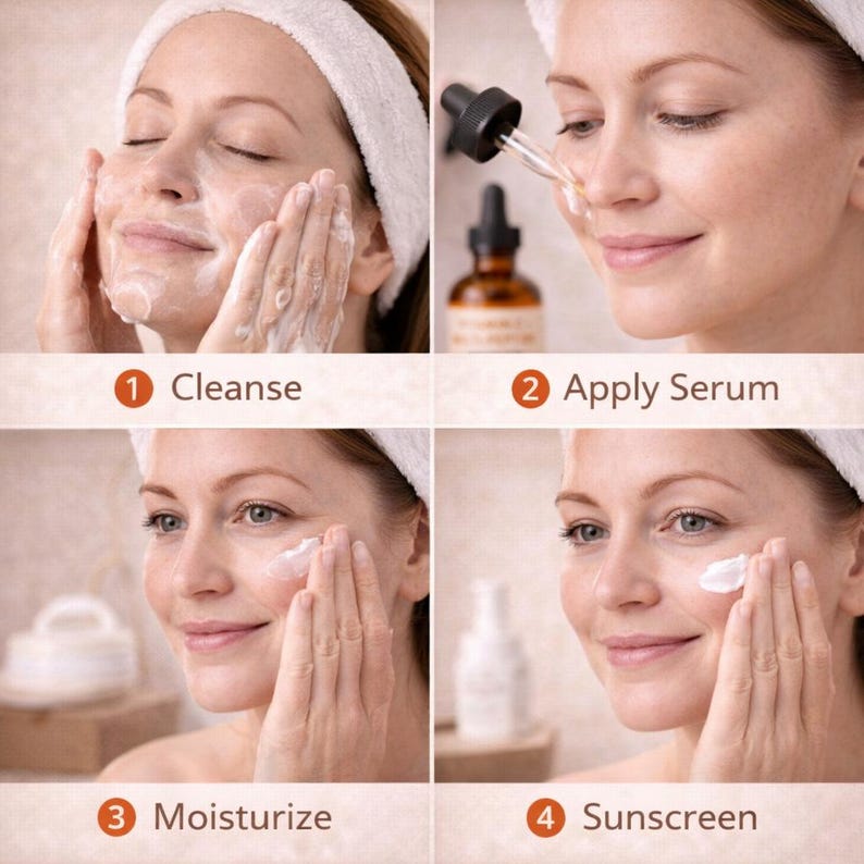 May include: A four-step skincare routine is demonstrated. The steps are labeled: Cleanse, Apply Serum, Moisturize, and Sunscreen. Each step shows a woman applying a different product to her face. The woman is wearing a white headband.