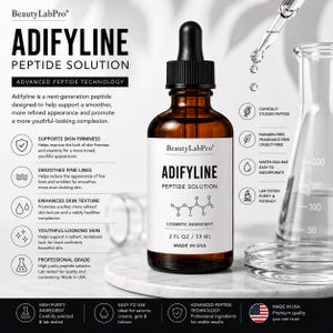 May include: An amber glass dropper bottle labelled BeautyLabPro Adifyline Peptide Solution, 59 ml. The label features a chemical structure diagram, text detailing skin benefits, and a dropper cap. A glass beaker is visible in the background.