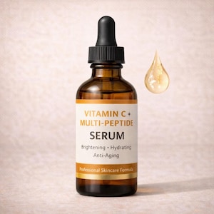 May include: A brown glass serum bottle with a black dropper and a white label. The label reads "Vitamin C + Multi-Peptide Serum" with text indicating brightening, hydrating, and anti-aging properties. A golden serum drop is next to the bottle.