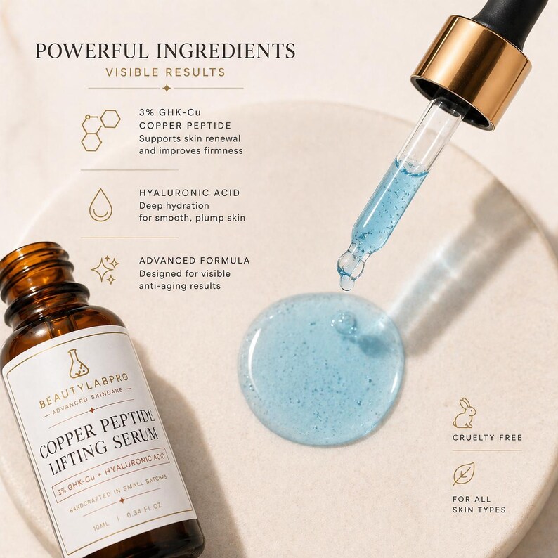May include: A close-up of a skincare product, a brown glass bottle with a dropper, and a blue serum. The bottle is labeled "Copper Peptide Lifting Serum" with the brand name "BeautyLabPro". The serum is cruelty-free and for all skin types.