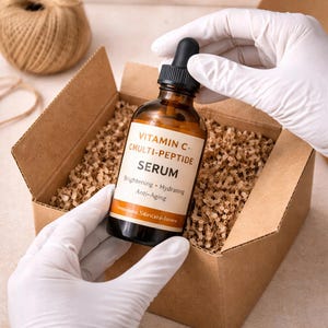 May include: A brown glass bottle of Vitamin C serum with a black dropper is held in a cardboard box filled with packing material. The label reads "Vitamin C CMULTI-PEPTIDE SERUM" with "Brightening, Hydrating, Anti-Aging" below.