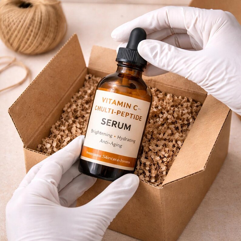 May include: A brown glass bottle of Vitamin C serum with a black dropper is held in a cardboard box filled with packing material. The label reads "Vitamin C CMULTI-PEPTIDE SERUM" with "Brightening, Hydrating, Anti-Aging" below.